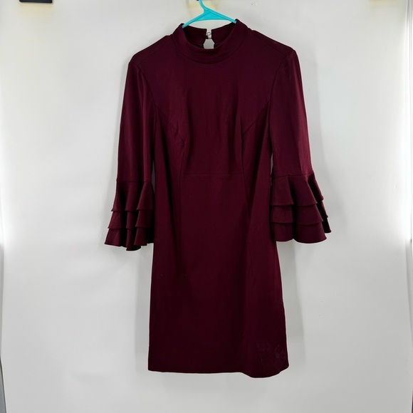 Trina Turk Elegant Burgundy Ruffle Sleeve Dress bell sleeve size 6 - Picture 6 of 8